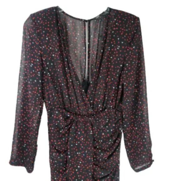 Zara Heart Print Mini Dress Ruched Long Sleeve V-Neck Party Dress - Picture 5 of 13